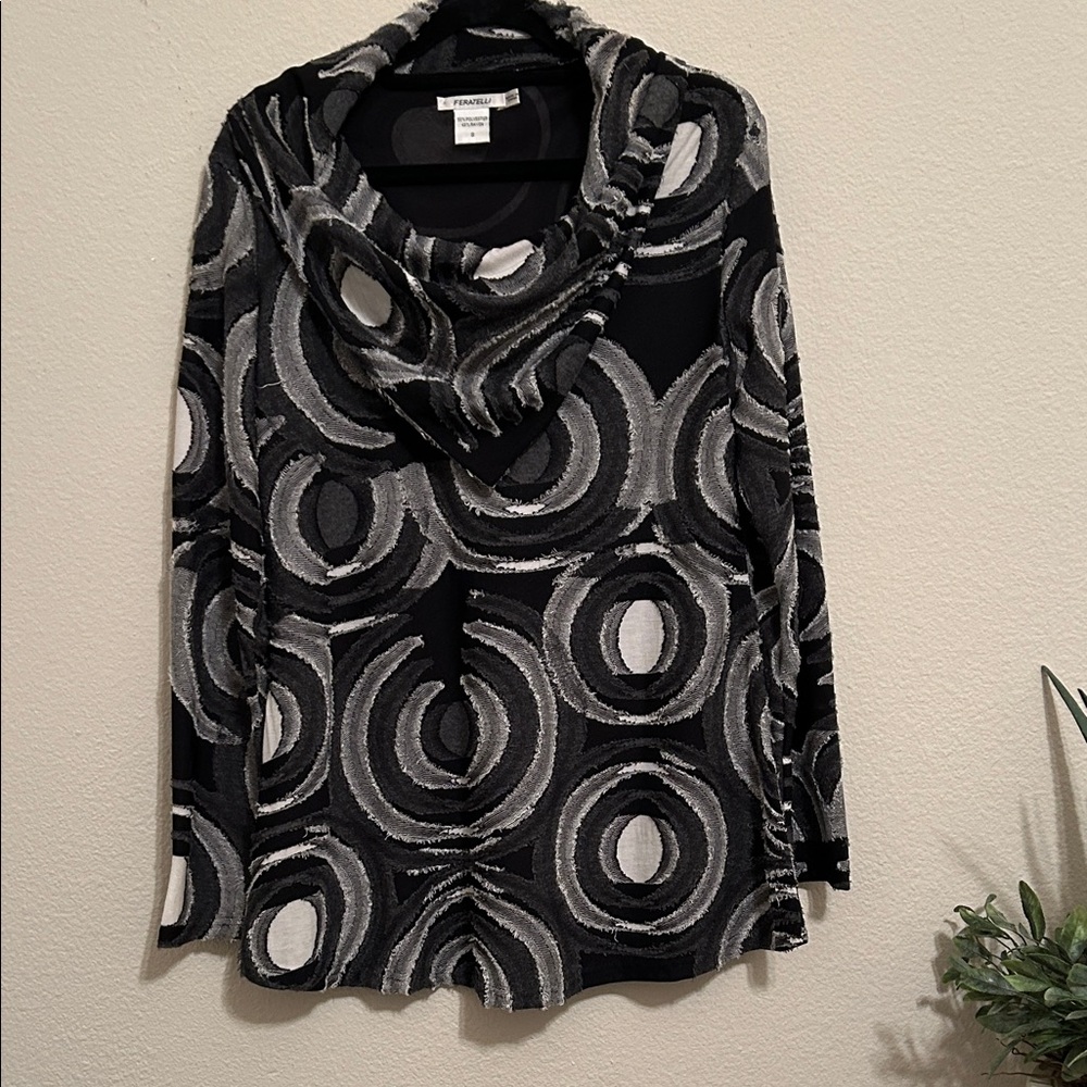Feratelli Elegant Black and Gray Circle Pattern Cowl Neck Sweater